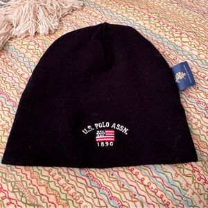 US Polo Assn Hat Beanie Knit Reversible Black Gray Striped Embroidered Winter